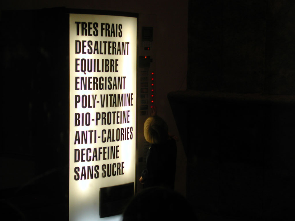 Claude Closky, ‘Très frais [Very Fresh]’, 1998, duratrans, drinks distributor by Soussan Ltd, 171,5 x 73,2 cm. Installation view ‘Sonic Process’, Centre Pompidou, Paris. 15 October 2002 - 6 January 2003. Curated by Sophie Duplaix